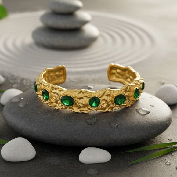 Vintage-Inspired Gold Cuff Bracelet | Green Zirconia Gems | 18K Gold Plated - Picture 9 of 12